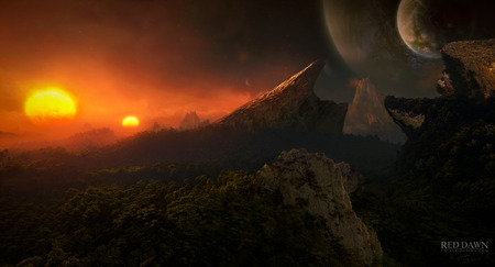 Red-Dawn - clouds, planet, beautiful, cool, beast picture, living, fantasy, green, nice, mountains, sun, sky