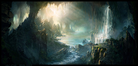 The Center Of The Earth - rays, nice, underground, sun, waterfall, fantasy, nature, cool, river, beautiful, rock