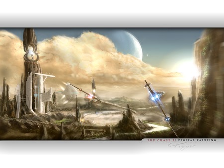 THE CHASE II - nice, sky, cool, beautiful, sun, city, planet, fantasy