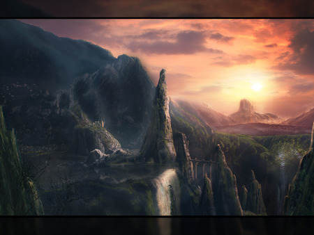 THE FALLS - nice, sky, sun, mountains, fantasy, beast picture, cool, living, beautiful, clouds, green