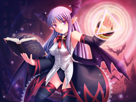 The Witch of Succubus - anime, anime girl, bat, female, wing, magic, book, hot, girl, light, animal, cute, sexy