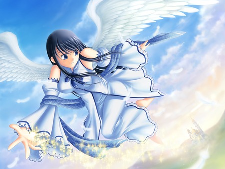 Blessing of Angel - anime, magic, female, wing, angel, sky, castle, house, anime girl, hot, girl, palace, fantasy, cloud, cute, sexy, building