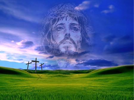 Jesus in the clouds - clouds, crosses, jesus, fields, sky