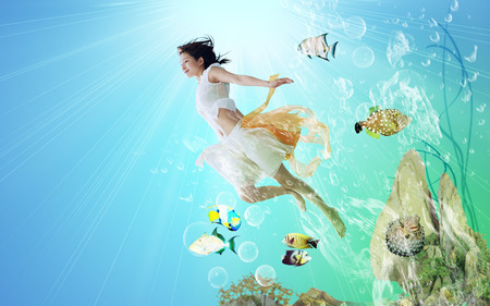 Fish Wallpaper with Girl - white, girl, blue, fish, wallpaper, with