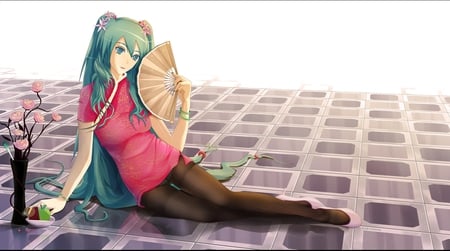 vocaloid - anime, anime girl, vocaloid, miku hatsune, hot, girl, lovely, sweet, chinese dress, flowers, miku, cute, sexy