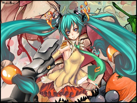 vocaloid - vocaloid, aqua eyes, aqua hair, miku, food