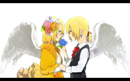 Len & Rin - brothers, kagamine rin, girl, ponytail, blue eyes, gloves, blonde hair, vocaloid, boy, angels, anime, flowers, kagamine len, short hair