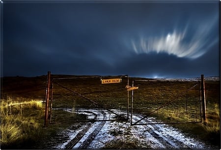 NO ENTRY - sky, gate, field, closed, iron, road, tyre mark, prohibited, lights, locked