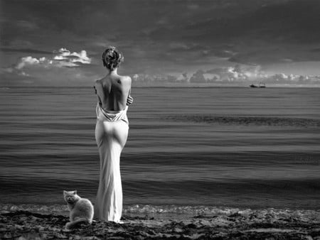 lady w Cat-On Beach - on beach, black and white, picture, lady w cat