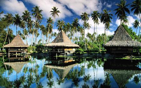 Hotel bungalows moorea french polynesia - huts, water, clouds, reflections, beautiful, trees, blue