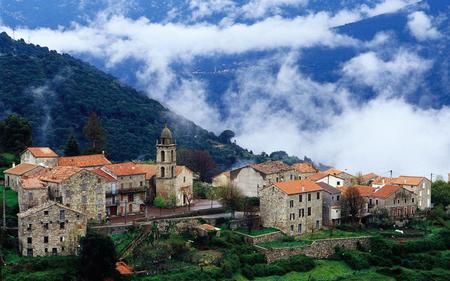 Village in alta roca-corisca - sky, houses, clouds, mountain, blue, green, grass