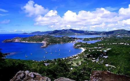 Gorgeous View - yacht, sky, trees, mountain, clouds, blue, sea