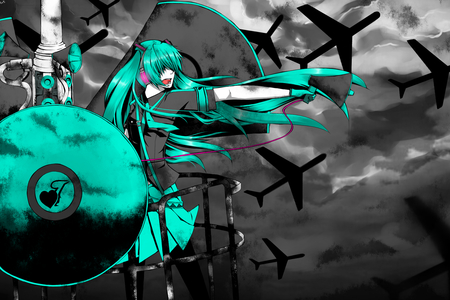 Hatsune Miku - hatsune miku, girl, warrior, twintails, long hair, planes, blue hair, war, vocaloid, anime, cute