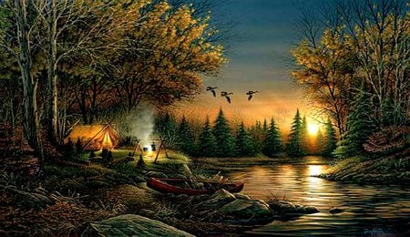 Evening Solitude - geese, camping, river, trees