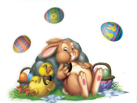 easter friends - eggs, basket, rabbit, rock, grass, chick, bunny