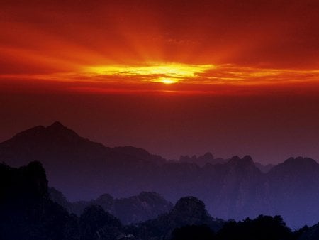 Huangshan at Sunset, China - blue, amazing, sunlights, china, sunsets, purple, red, nice, clouds, sunrises, beautiful, cool, black, huangshan, mounts, awesome, mountains