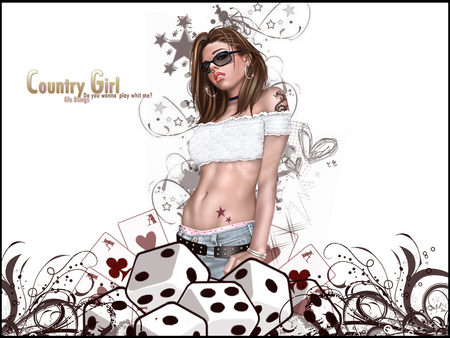 ~Country girl~ - dice, sun glasses, girl, hot, aces, country girl, tattoo, star, pretty, cards