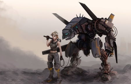 mecha & girl - art, girl, mecha