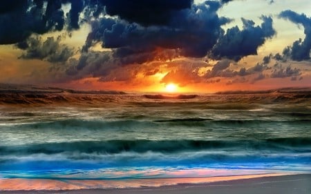 Beautiful Sunset - clouds, yellow, blue, beautiful, ocean, colorful, sunset, red, waves, sun, sky