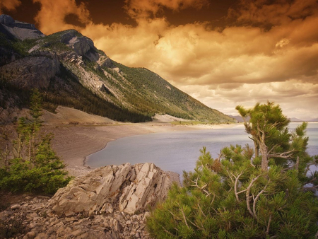 wild landscape - lake, landscape, mountain, clouds, wild, stormy, rocks