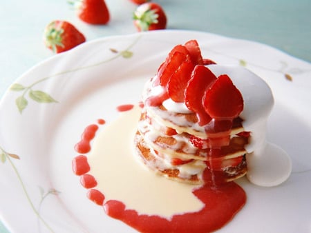 Strawberry Pancake - white, pancake, strawberry, red