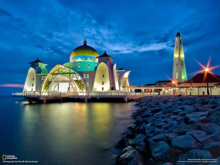 Awesome Beach Resort! - pretty, bright lights, beach, night, resort, cool, reflection, stained glass, rocks