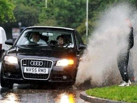 When It Rains . . . . - cars, water, people, photography, wet, funny, soaked, splash, puddle