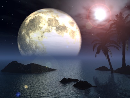 Druids Moon - abstract, moon, trees, water, ocean, cg, nature, landscapes, 3d, lake, art