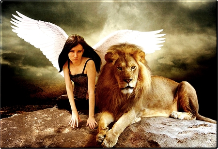 GUARDIAN and ANGEL - girls, lion, angel, photography, animals, wings, guardian, king, africa, fantasy, nature, beautiful, fairy, protector