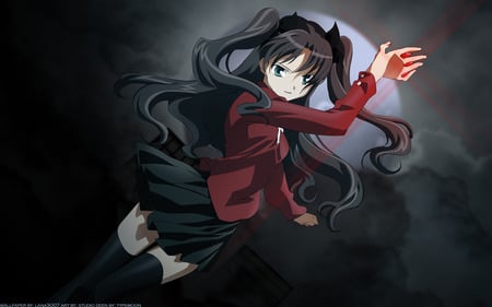 anime - moon, girl, long hair, night, anime girl, black hair, equa eyes, dark, cool, anime, fatestay night