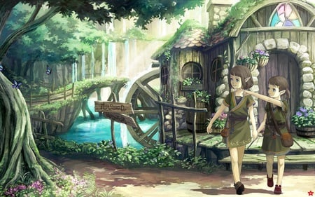 The Elf Girls - anime, female, country side, scene, forest, plant, water mill, house, road side, anime girl, water, hot, pond, girl, road, scenic, flower, tree, elf, butterfly, cute, sexy, building