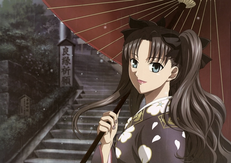 anime - anime girl, twintails, girl, tohsaka rin, kimono, long hair, fatestay night, japanese clothes, rain, nime, black hair, scan, ribbons, blue eyes