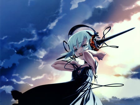 anime - anime, anime girl, dress, girl, choco, sweet, horns, short hair, music, headphones, cute, sky