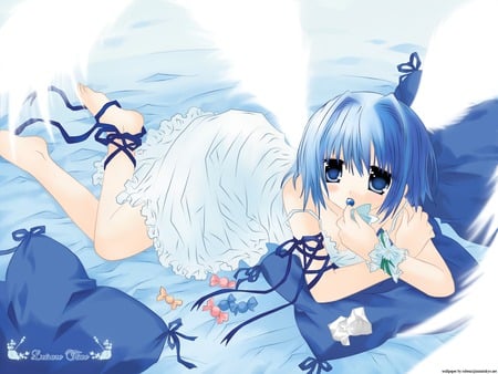 anime - sakurazawa izumi, angel, girl, ribbons, blue eyes, wings, anime girl, candy, blue, anime, short hair, dress