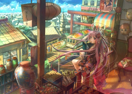 luka with ice-cream - luka, nice, girl, long hair, pink hair, anime girl, lovely, japanese colthes, ice-cream, fuji choko, city, anime, sweet, kimono, cute, pink eyes