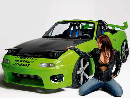 Car and Girl - babe, sexy, green car, model