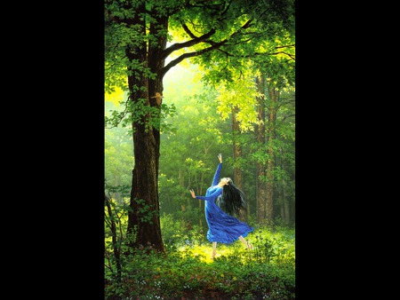 Wood Dance  - blue, beautiful, dress, girl, tree, fantasy, green, nice, woods