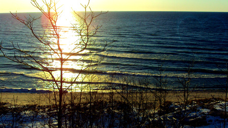 Brilliance - beach, lake michigan, holland michigan, sunset, waves, weeds, snow, tree, sand