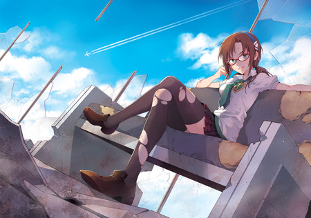 Makinami Mari - illustrous, makinami mari, anime, sofa, thighhighs, girl, nardack, brown hair, long hair, glasses, dirty, cute, neon genesis evangelion, sexy, sky, blue eyes