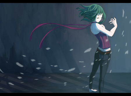 anime - gumi, vocaloid, anime, anime girl, red, girl, green hair, natsu