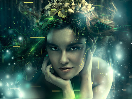 Mother nature - woman, stars, light, fantasy, nature, forest, beautiful, green, flowers