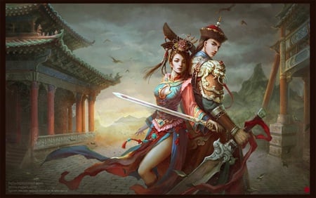 Martial - lover, female, hot, anime girl, blade, castle, anime, oriental, house, sword, temple, cute, scene, palace, birds, hill, male, sexy, building, couple, scenic, mountain, girl, warrior, bird, boy, animal, weapon, chinese