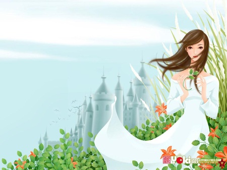 Comely Girl - sky, female, hot, anime girl, windy, castle, anime, plant, house, cute, grass, scene, birds, palace, sexy, building, scenic, girl, bird, animal, flower