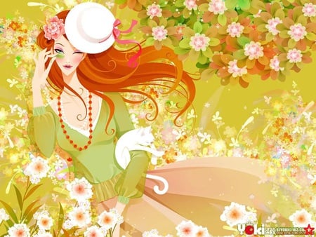 The spring garden - hat, anime, anime girl, female, hot, girl, flower, cat, animal, kitten, cute, sexy, kitty