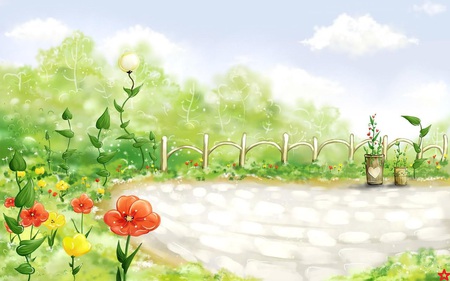 Spring Water - nice, beauty, sky, fantasy, painting, art, abstract, pretty, cloud, beautiful, green, anime, garden, flower