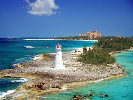 Lighthouse-Paradise Island - atlantis, ocean, lighthouse, trees, blue, island, tropical