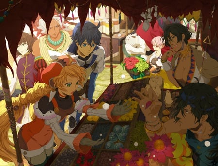 Stall - male, sexy, hot, people, girl, female, anime girl, shop, stall, boy, anime, food, cute, flower