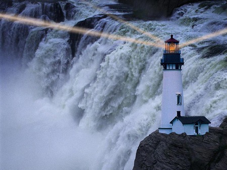 In rough territory - lighthouse, house, waterfall, beam