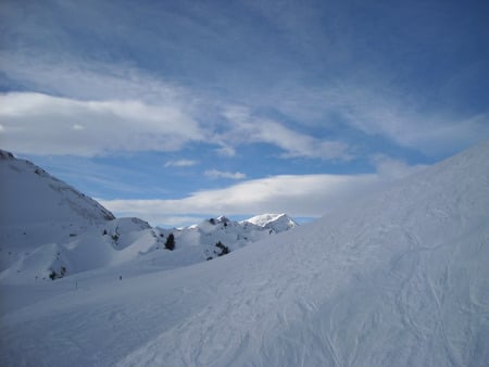 Beautiful Mountain View - fir tree, trees, blue, snow, rock, firs, austria, ice, white, skiing, mountains, sun, sky, woods