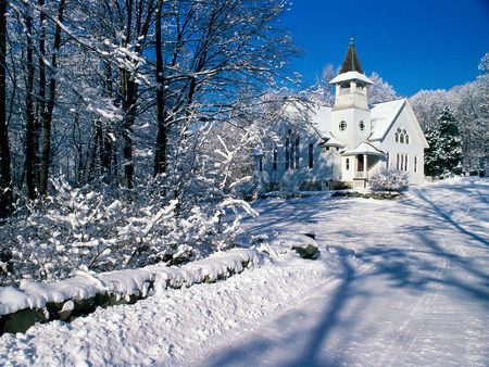 Little Church in the Wood - chapell, cold, trees, mountain, snow, photography, winter